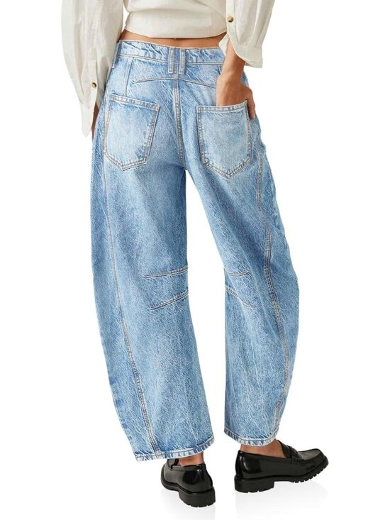 Women's Baggy Boyfriend Jeans Vintage Wide Leg Mid Rise Barrel Denim Ankle Pants - Picture 5 of 5